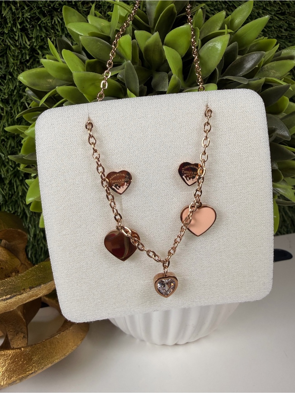 Rose Gold Heart Charm Necklace and Earrings Set - Women Jewelry